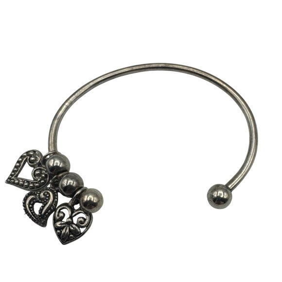 Silver-Tone Bangle Bracelet with Etched Heart Charms Adjustable - Picture 1 of 8